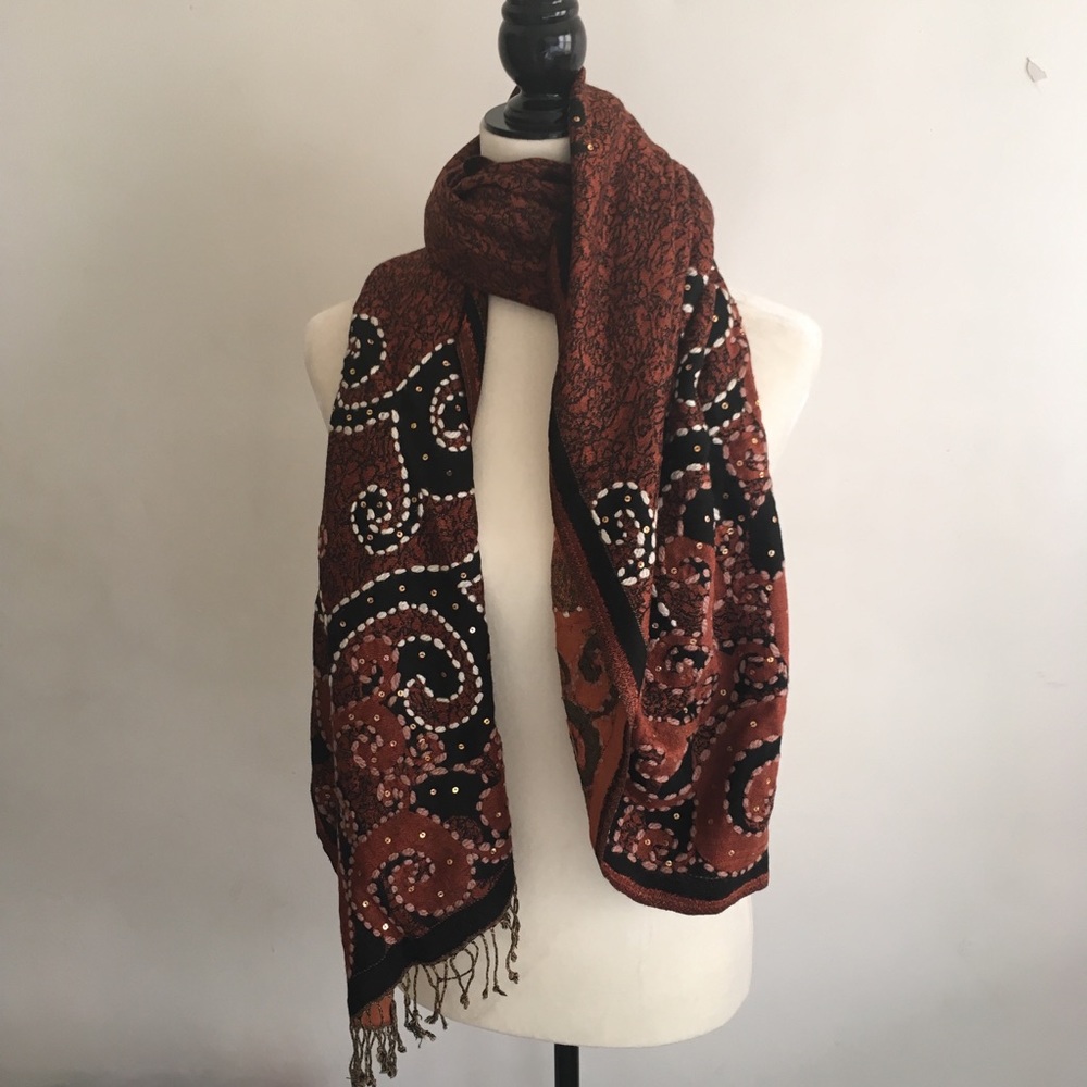 Blanket Scarf in Rust & Black Paisley Print